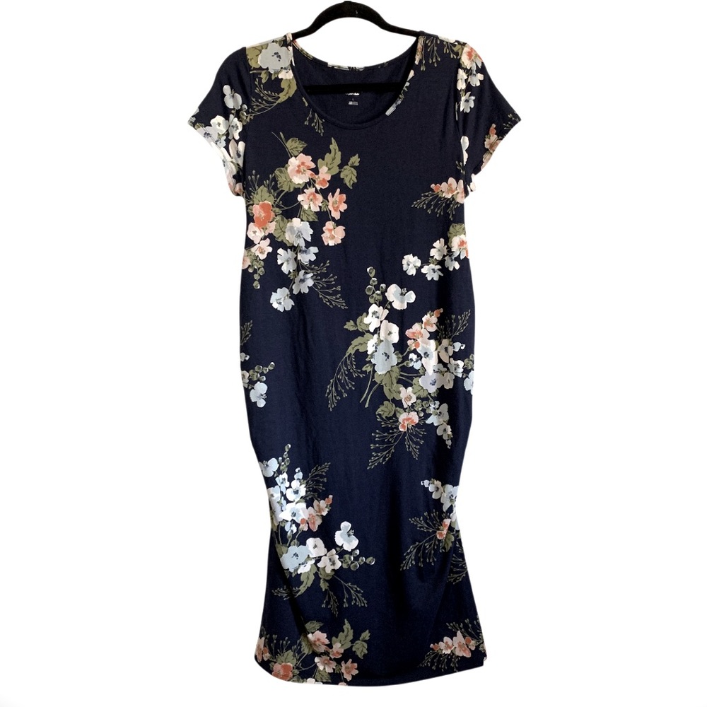 Isabel Maternity Floral Print Ruched Sides Midi Dress